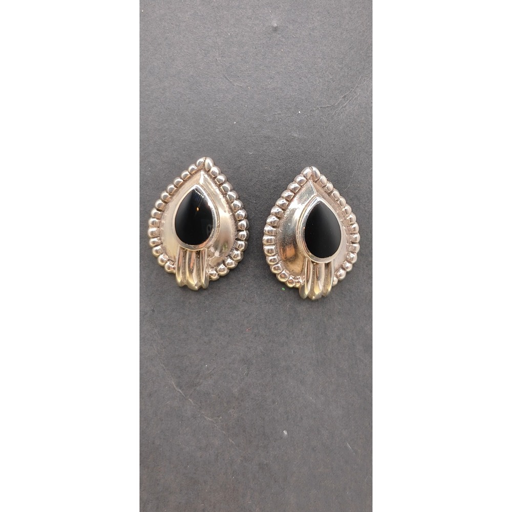 Vintage Artisan SS Black Onyx Teardrop Scalloped‎ Post Earrings 925 signed
